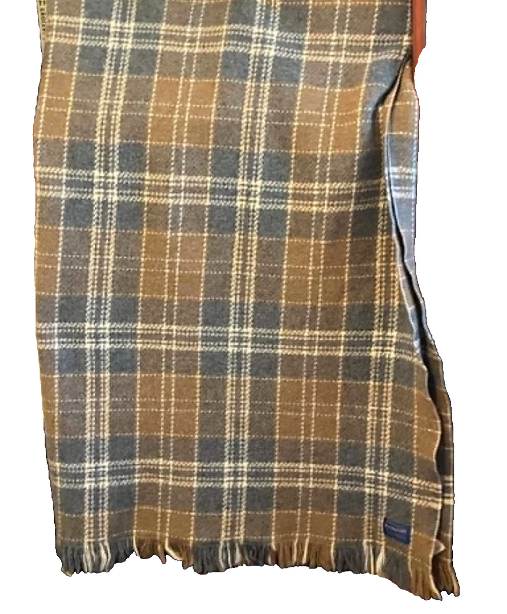 Vintage Pendleton Fringed Throw Blanket 100% Virgin Wool Grey Tan Plaid 64x43"